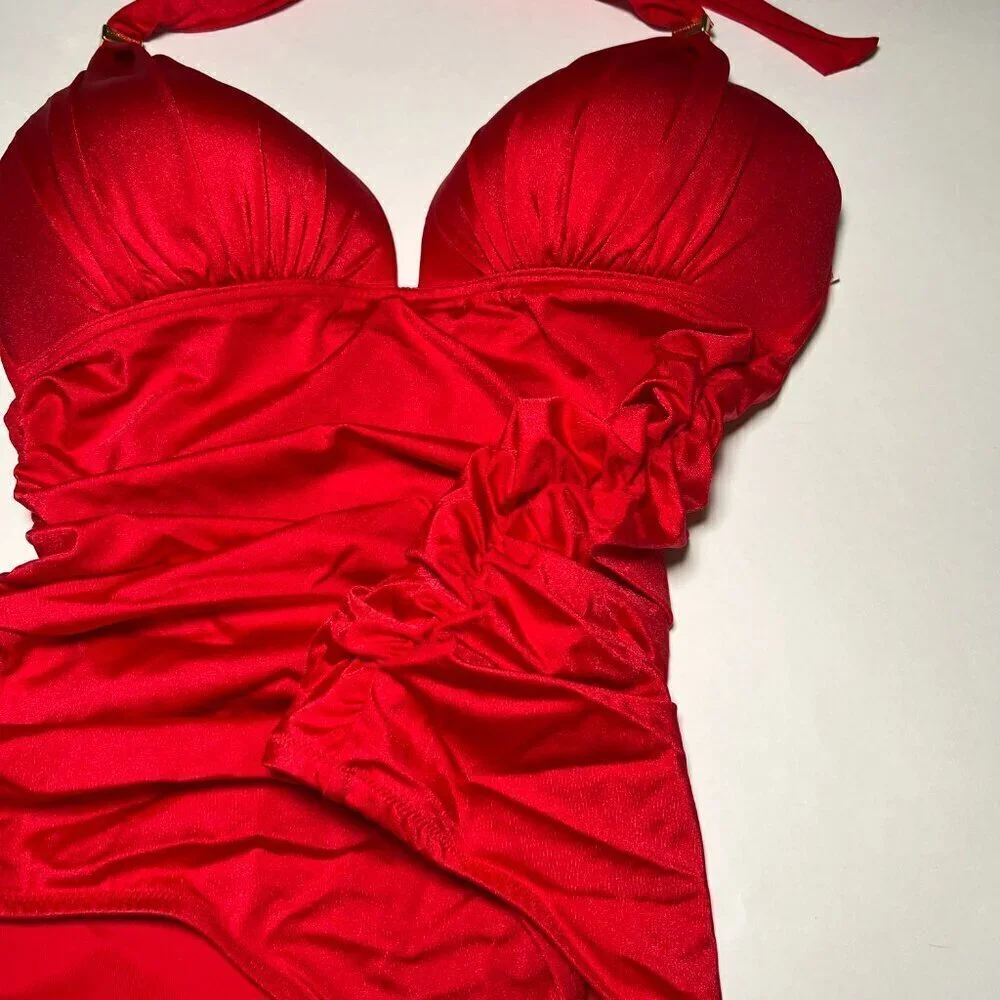 Victoria Secret Large L One Piece Swimsuit Bikini Push Up Ruched Lipstick Red